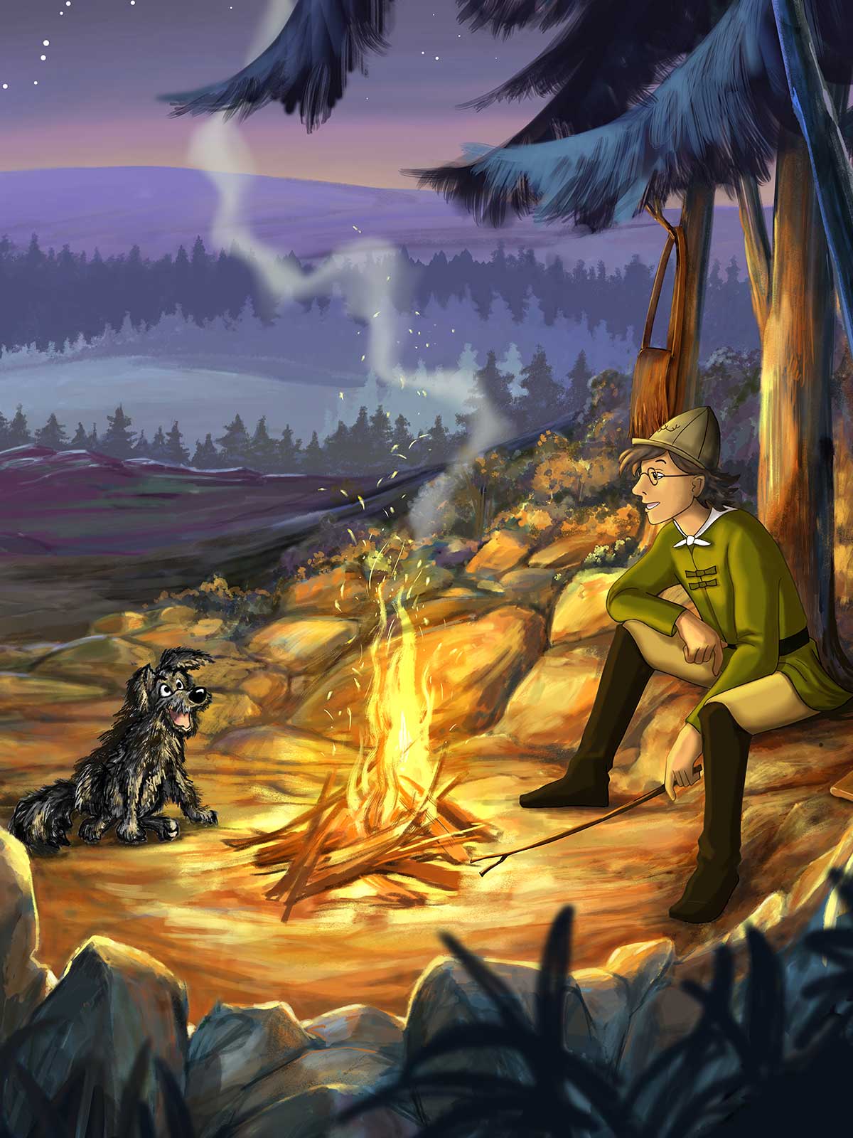 Carl und Strups am Lagerfeuer im Wald bei Abenddämmerung