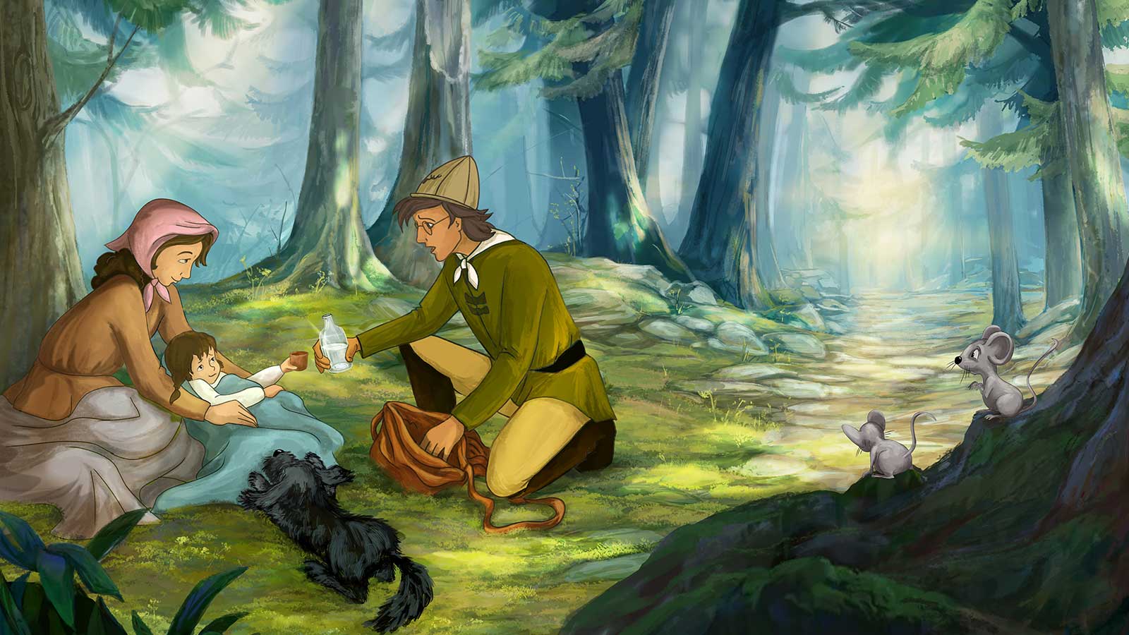 Carl hilft einem Kind im Wald, während Strups ruhig daneben sitzt